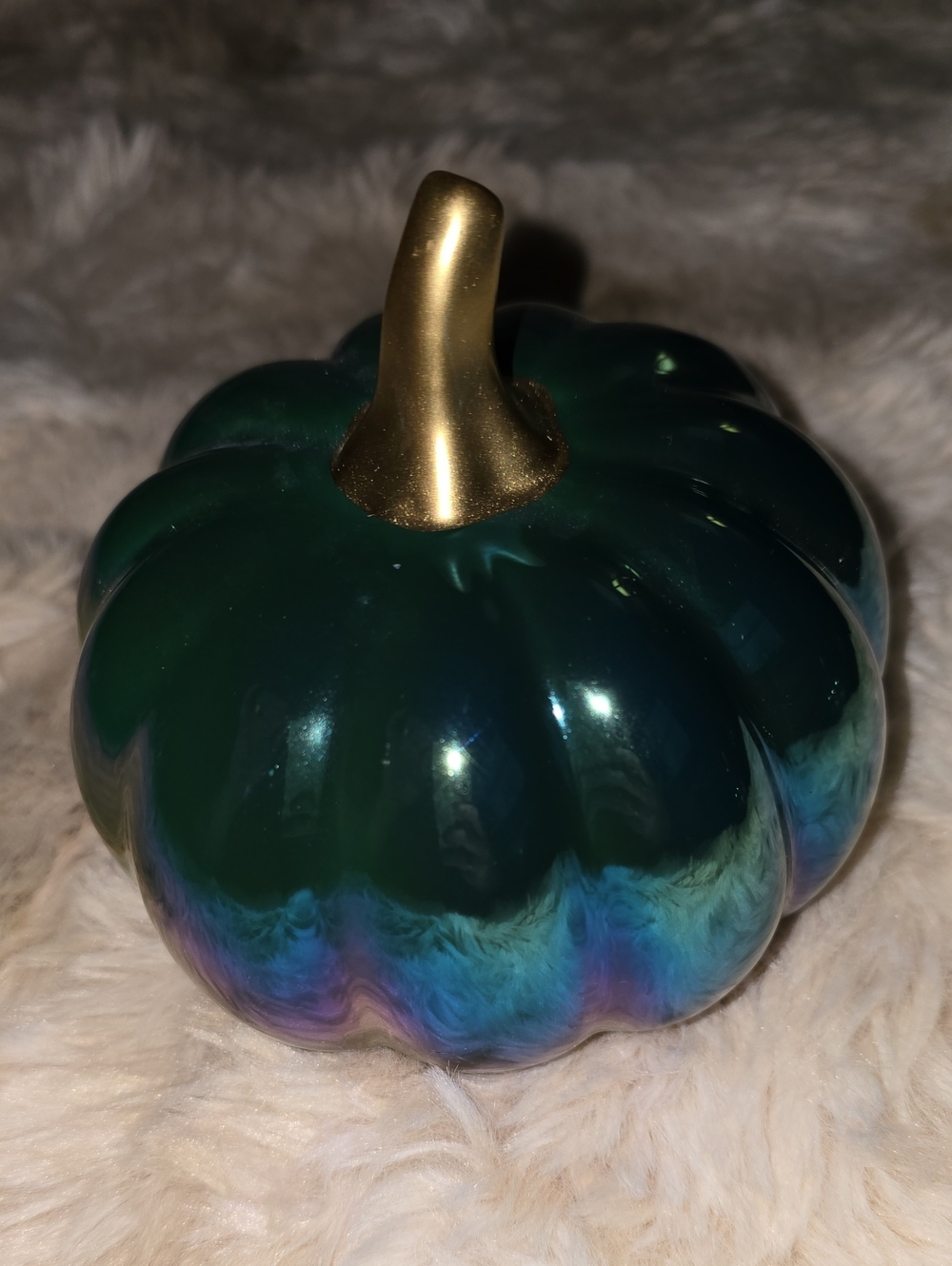 Crescent Iridescent Ceramic Teal Pumpkin with Gold Stem